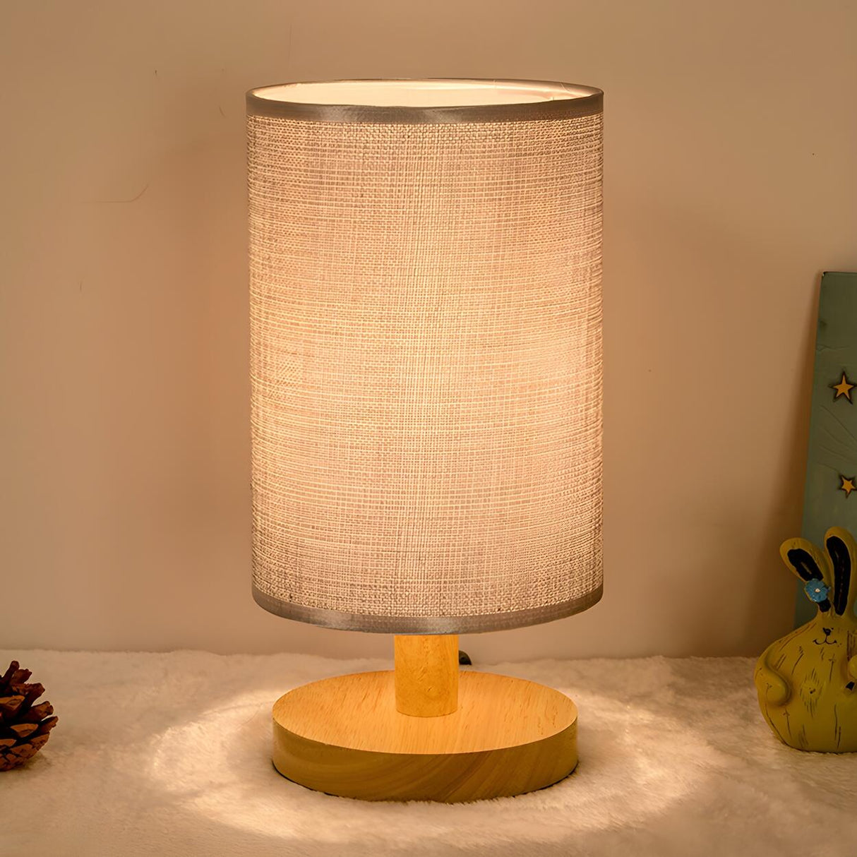 Simple Cylindrical Fabric Shade Wooden Base Table Lamp Image - 8