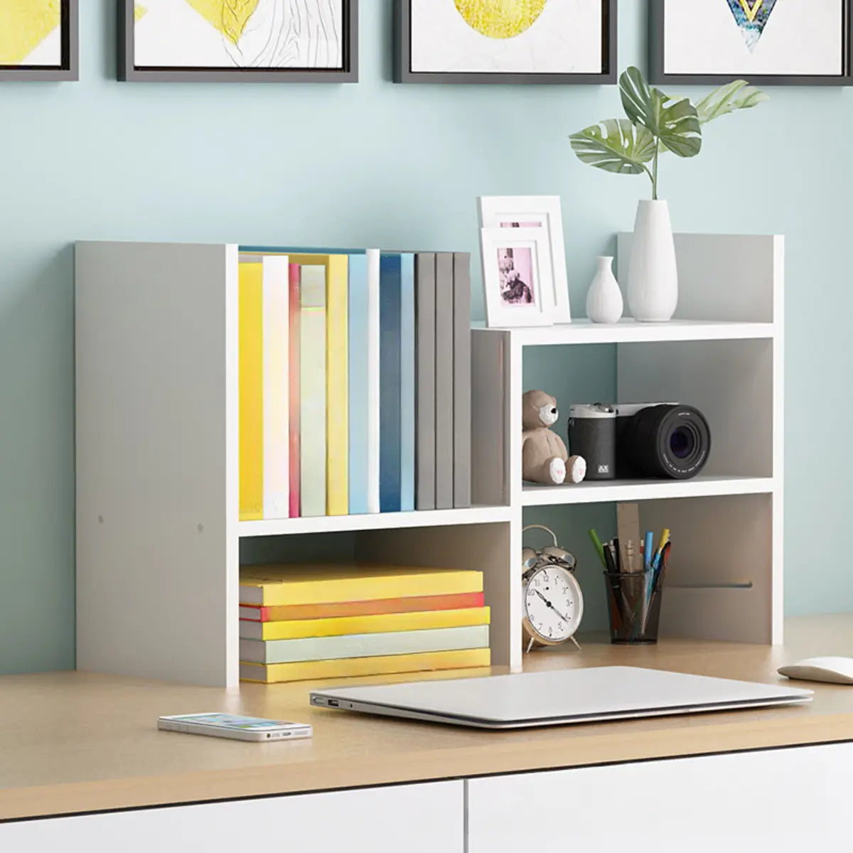 Simple Desktop Small Open White Wood Display Bookcase Image - 6