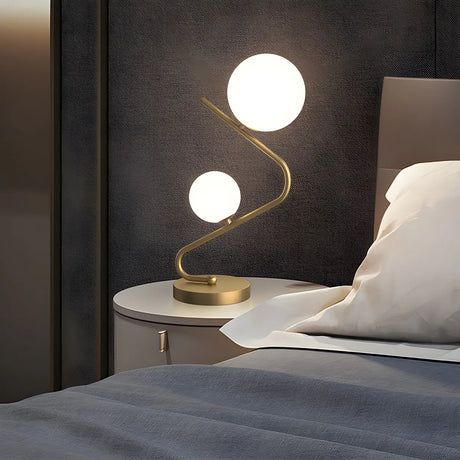 Simple Dual Opal Glass Globes Brass Curved Table Lamp Image - 1