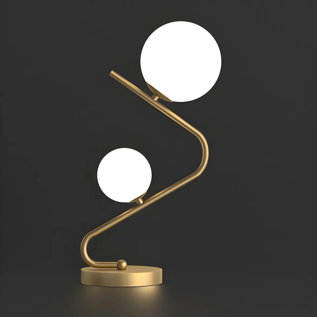 Simple Dual Opal Glass Globes Brass Curved Table Lamp Image - 2