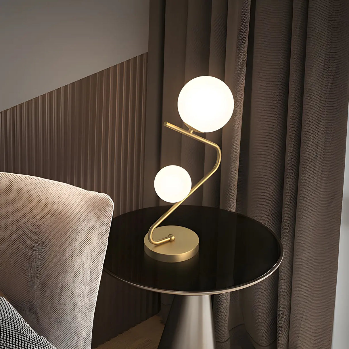 Simple Dual Opal Glass Globes Brass Curved Table Lamp Image - 3