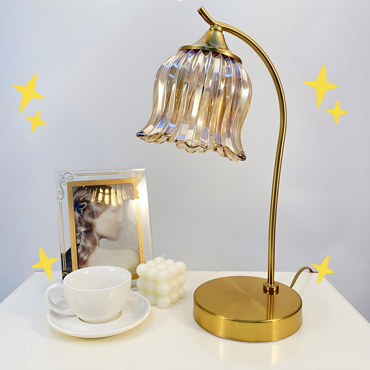 Simple Elegant Gold Flower Glass Shade Decor Table Lamp Image - 17