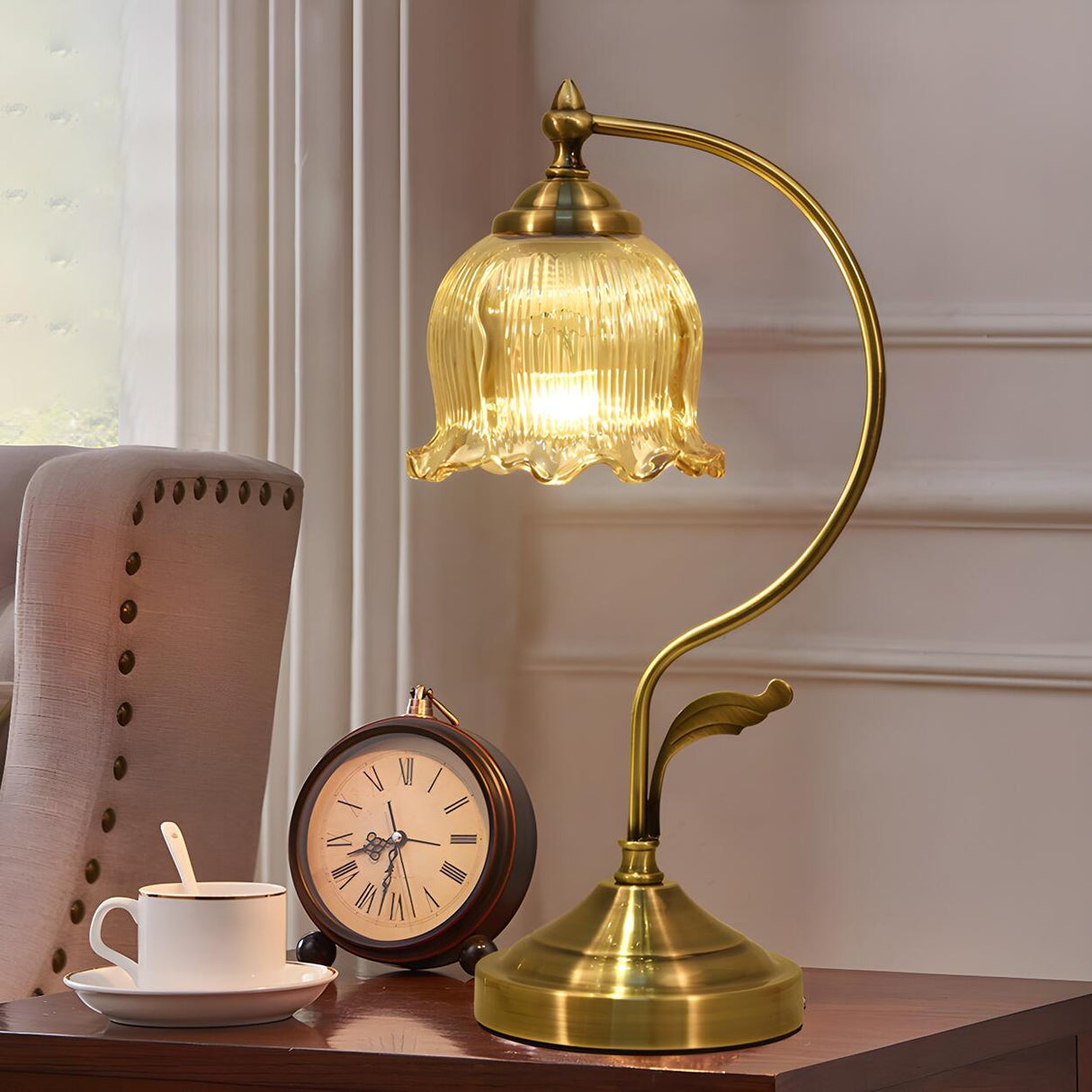 Simple Elegant Gold Flower Glass Shade Decor Table Lamp Image - 7