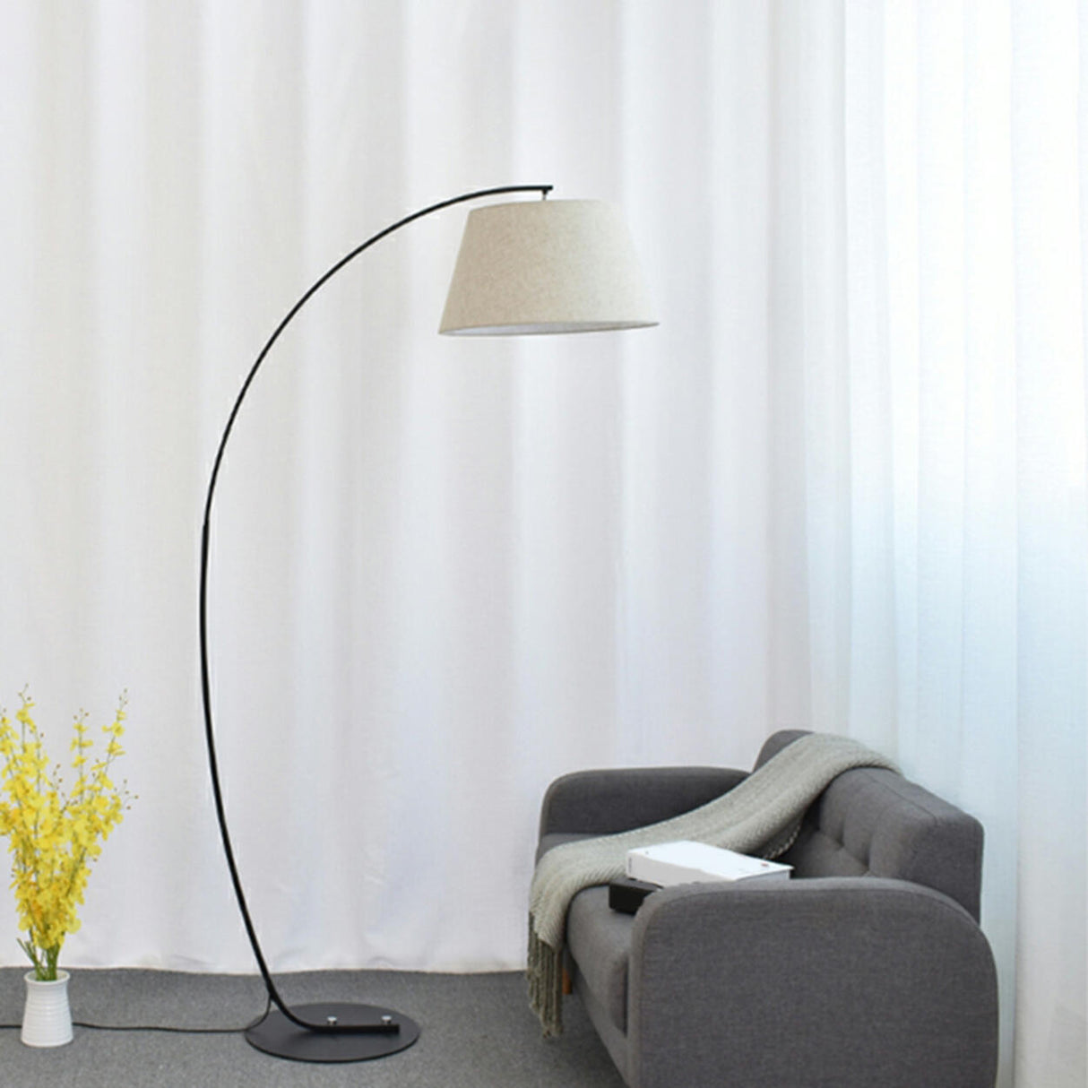 Simple Fabric Cylinder Shade Curved Arc Floor Lamp Image - 10