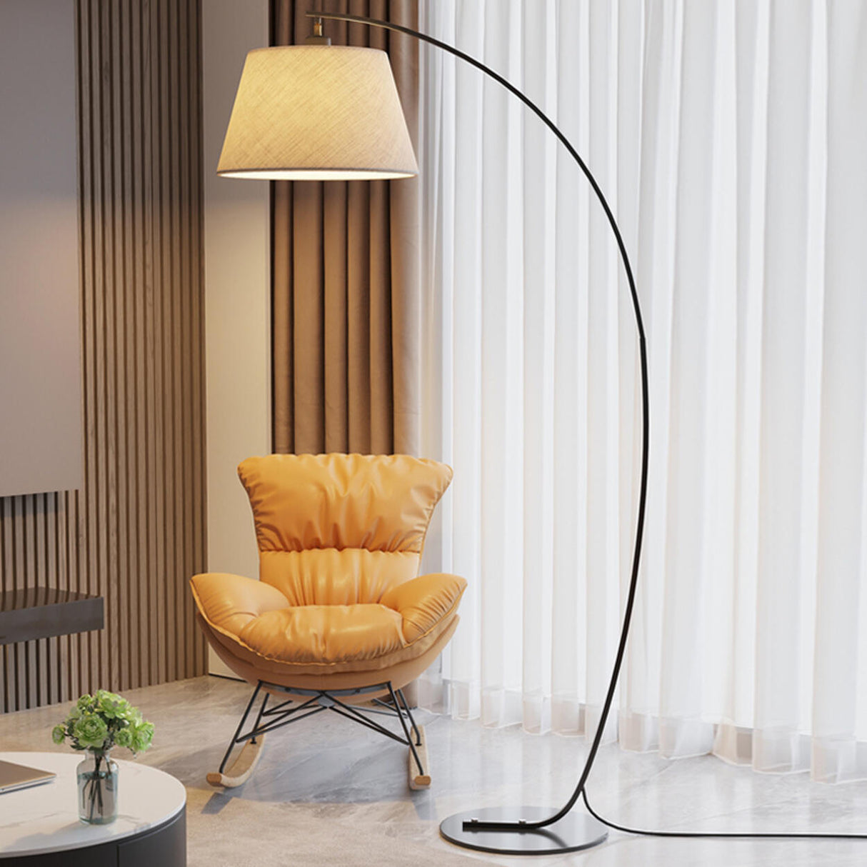 Simple Fabric Cylinder Shade Curved Arc Floor Lamp Image - 3