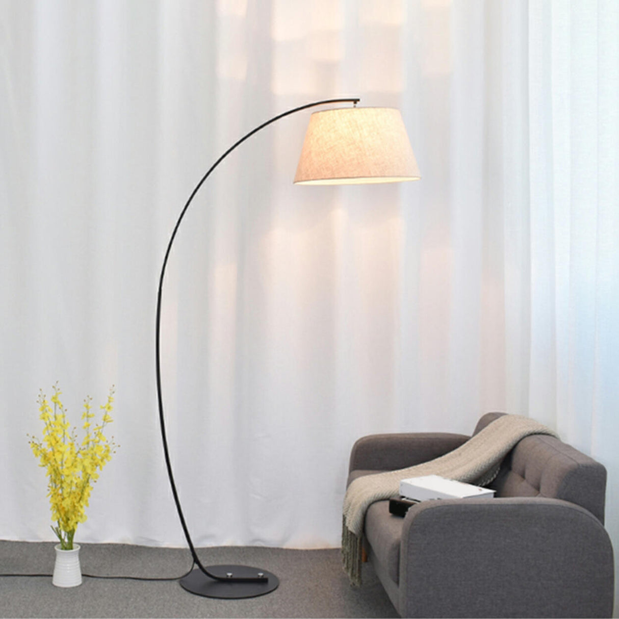 Simple Fabric Cylinder Shade Curved Arc Floor Lamp Image - 9