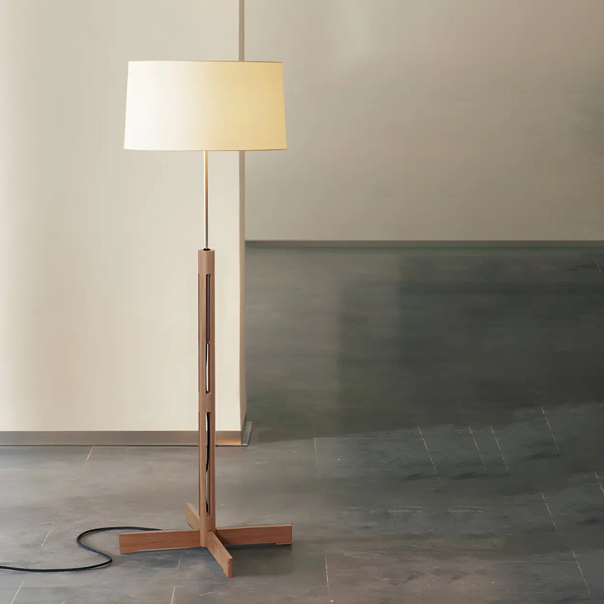 Simple Fabric Cylinder Shade Wooden Base Floor Lamp Image - 1