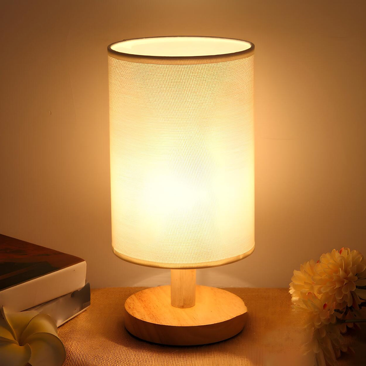 Simple Fabric Cylinder Shade Wooden Base Table Lamp Image - 14