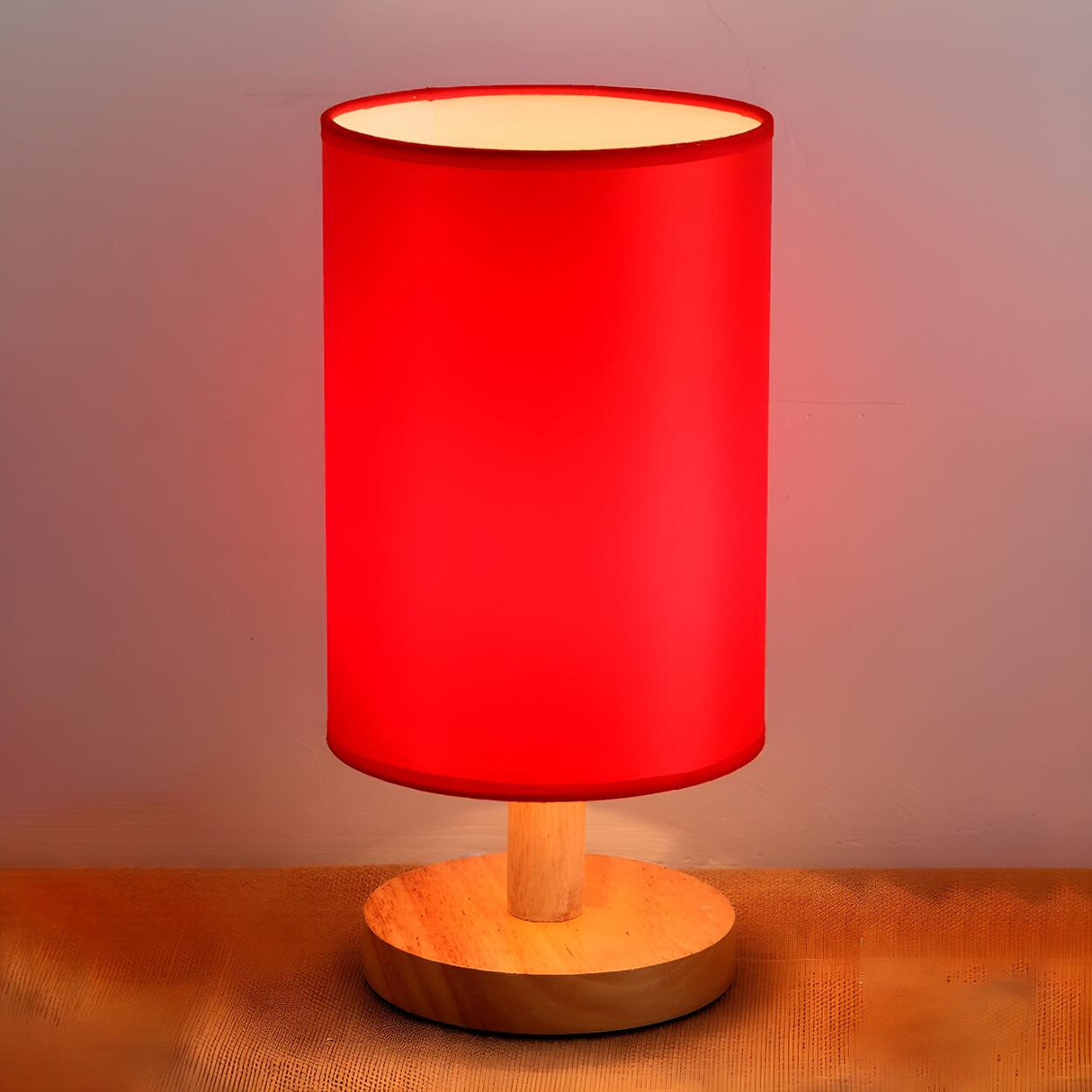 Simple Fabric Cylinder Shade Wooden Base Table Lamp Image - 16