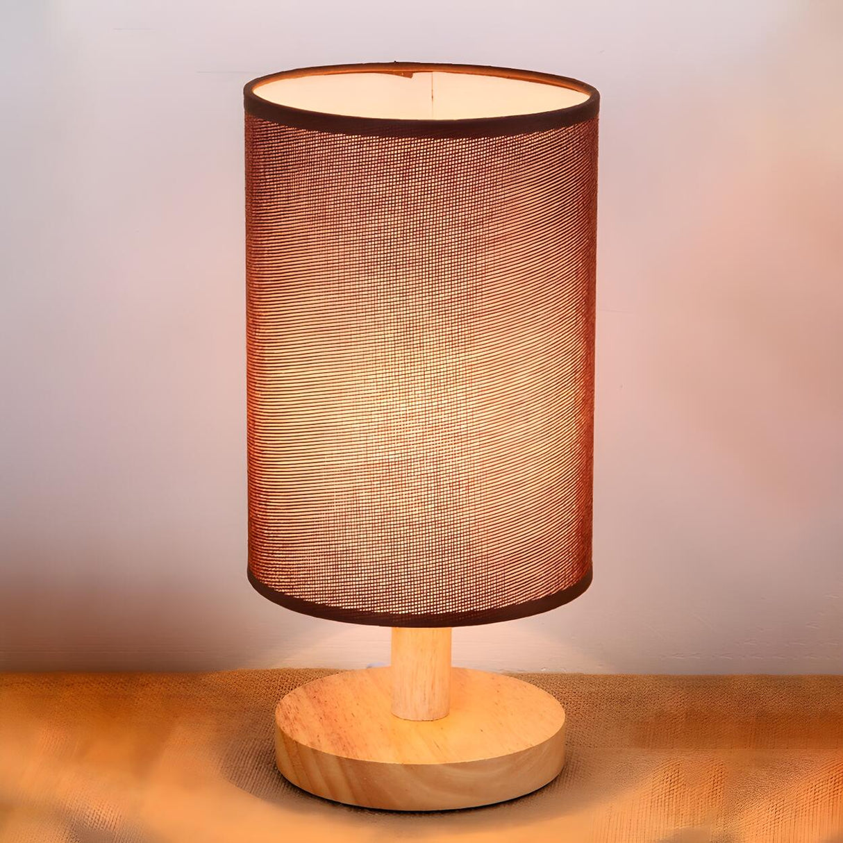 Simple Fabric Cylinder Shade Wooden Base Table Lamp Image - 17