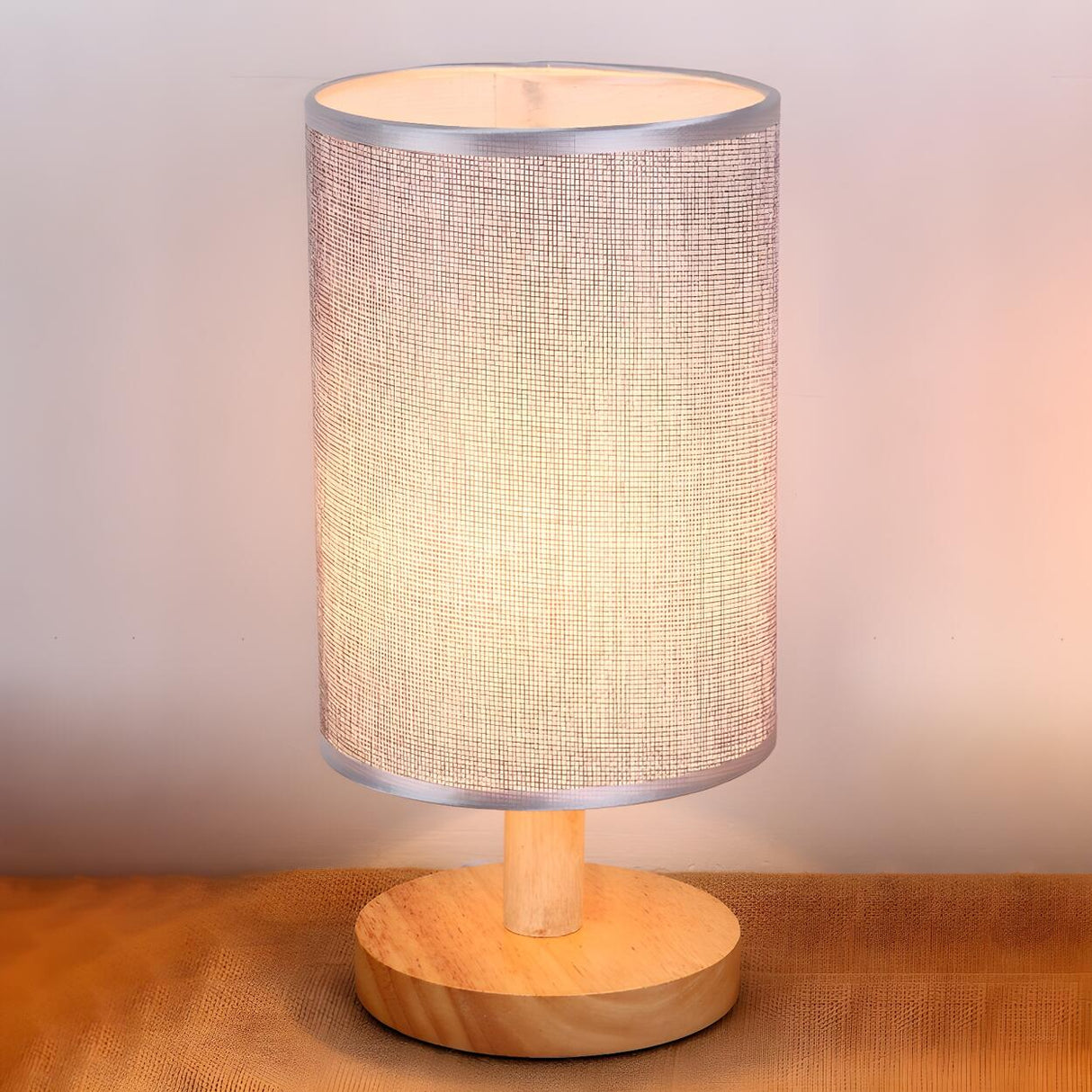 Simple Fabric Cylinder Shade Wooden Base Table Lamp Image - 18