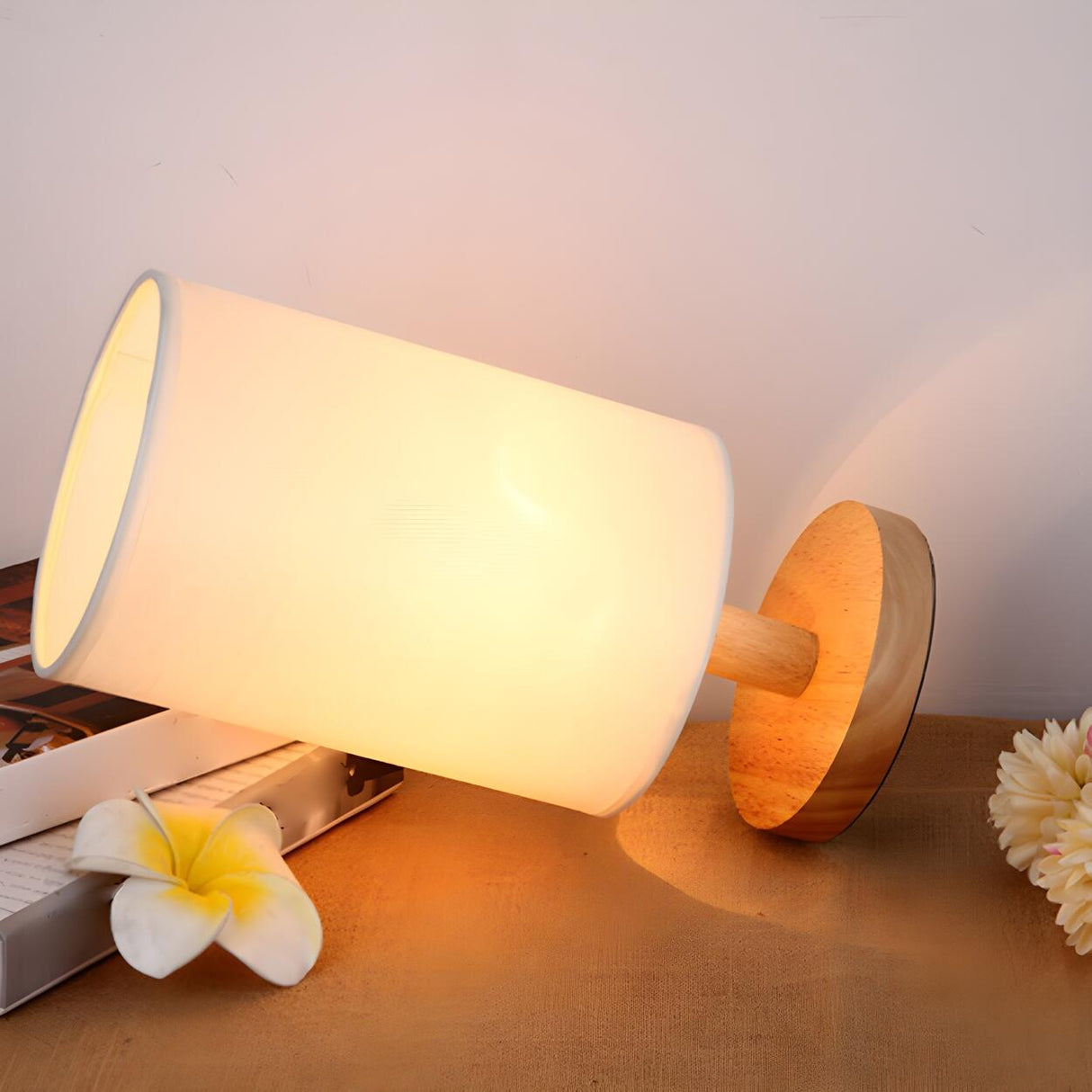 Simple Fabric Cylinder Shade Wooden Base Table Lamp Image - 8