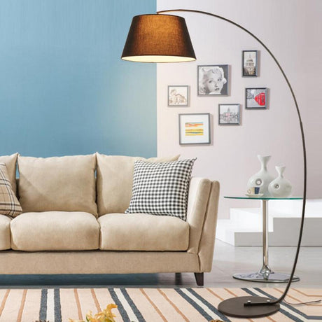 Simple Fabric Drum Shade Arched Metal Floor Lamp Image - 2