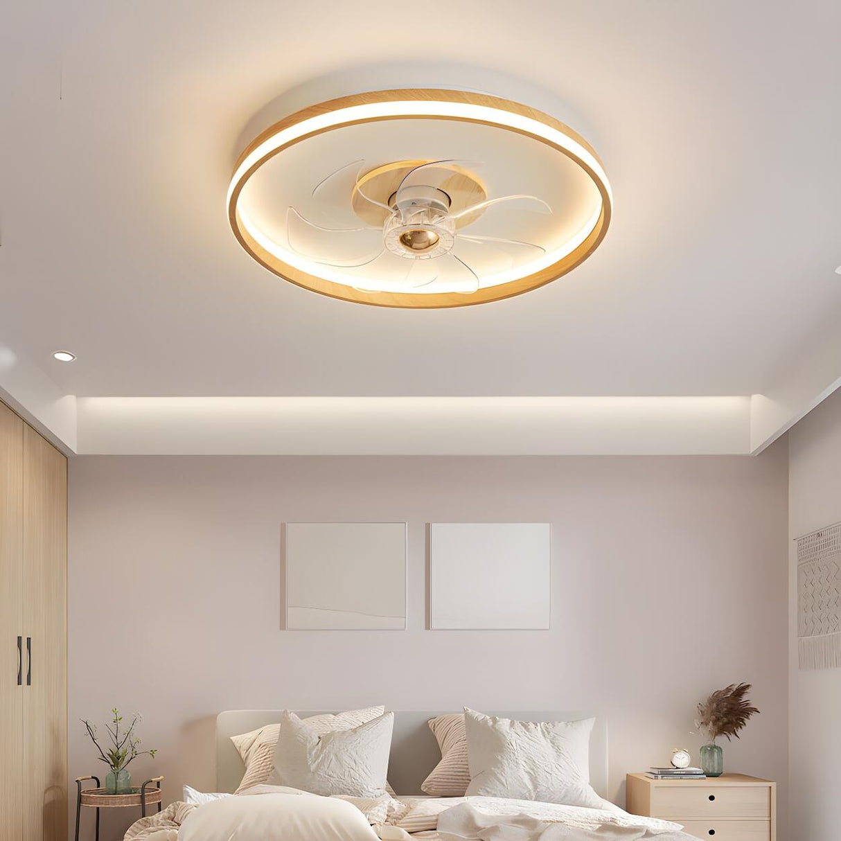 Simple Flush Mount Ring Ceiling Fan with LED Light Image - 2