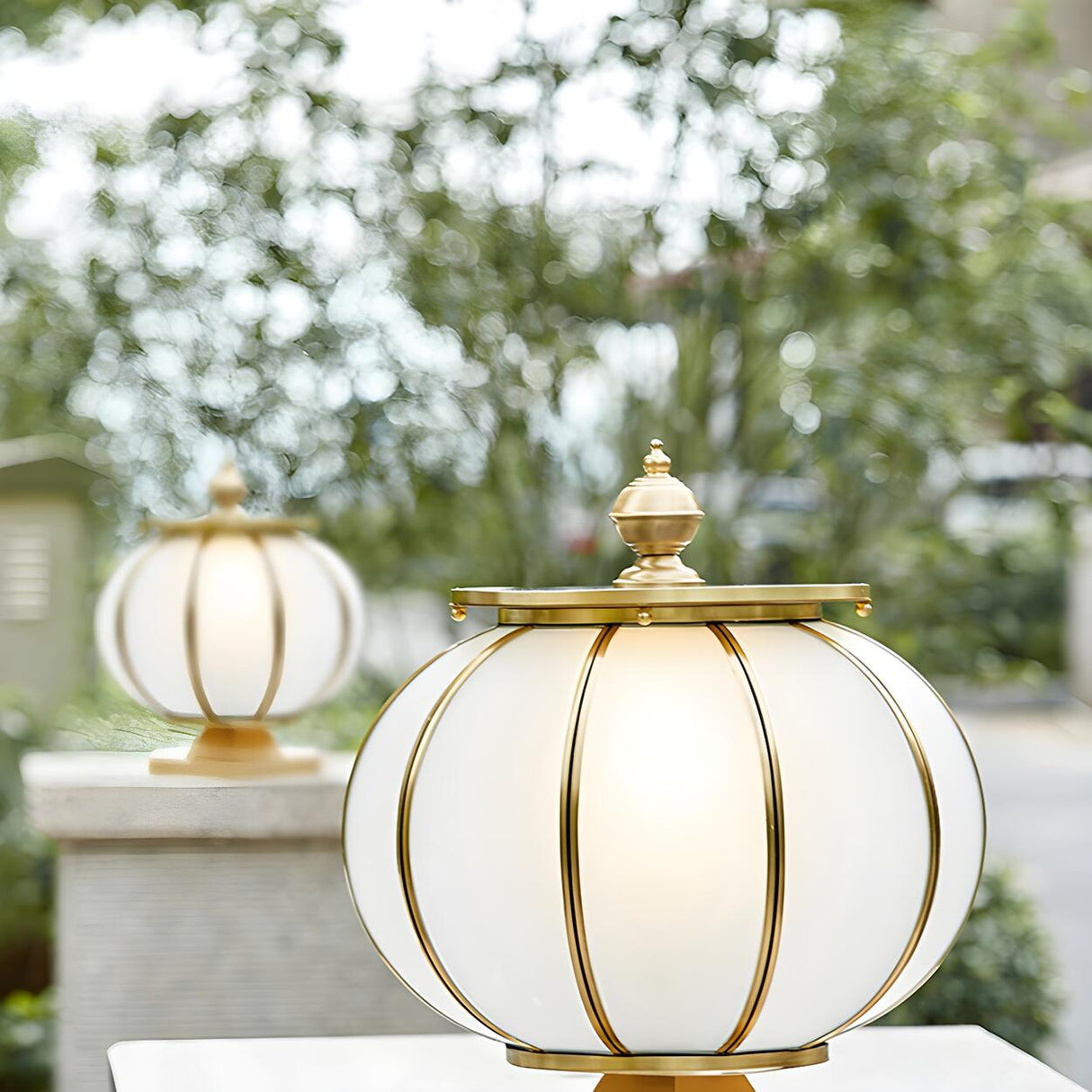 Simple Frosted Glass Brass Round Outdoor Table Lamp Image - 4