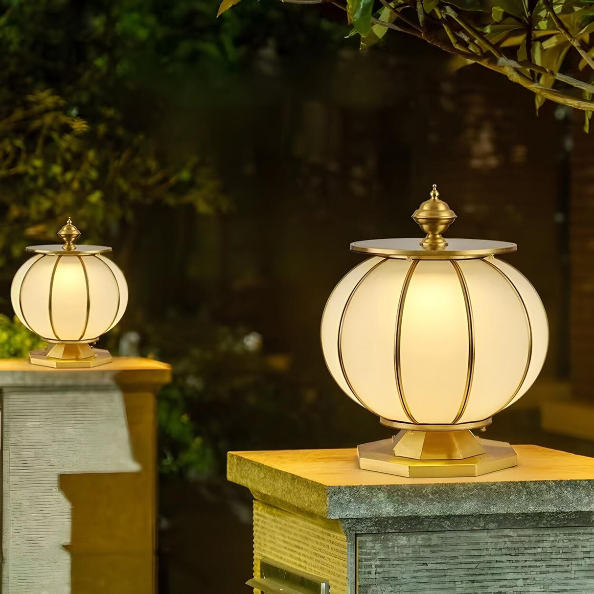 Simple Frosted Glass Brass Round Outdoor Table Lamp Image - 5