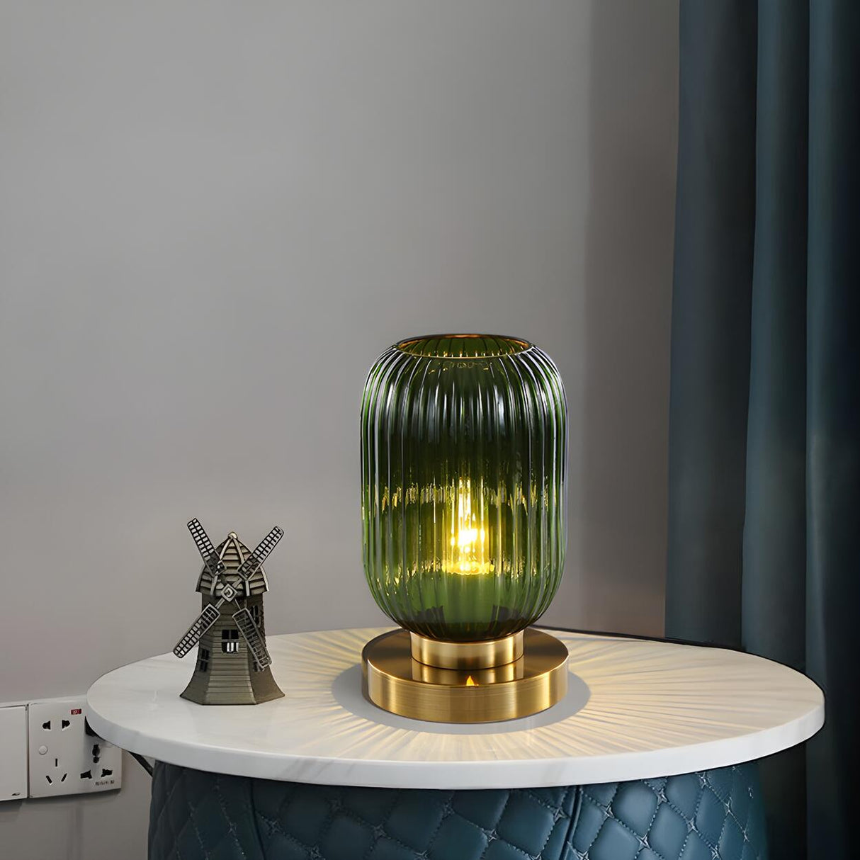 Simple Geometric Glass Brass Base Night Table Lamp Image - 1