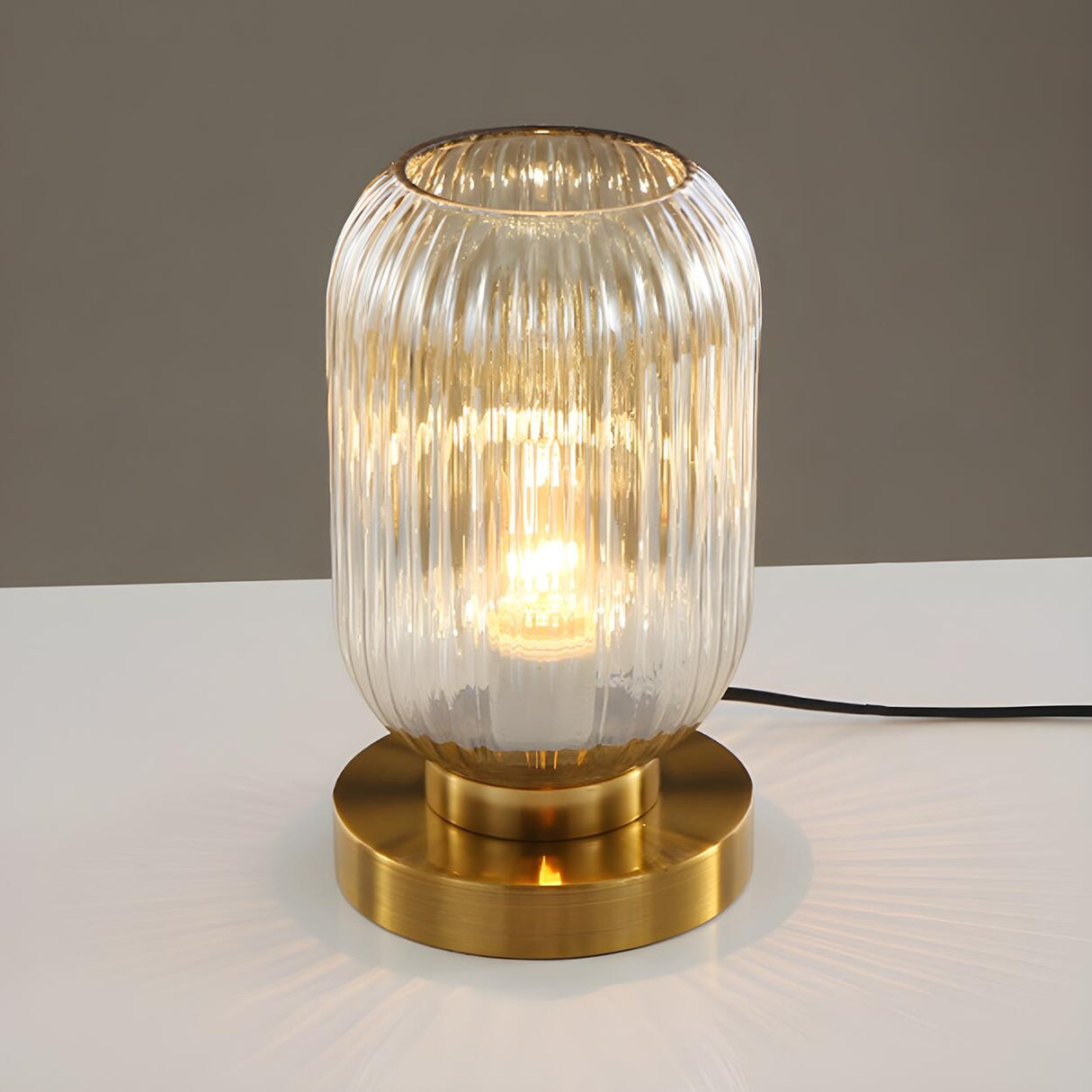 Simple Geometric Glass Brass Base Night Table Lamp Image - 3