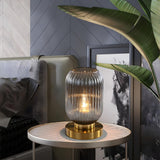 Simple Geometric Glass Brass Base Night Table Lamp Image - 8