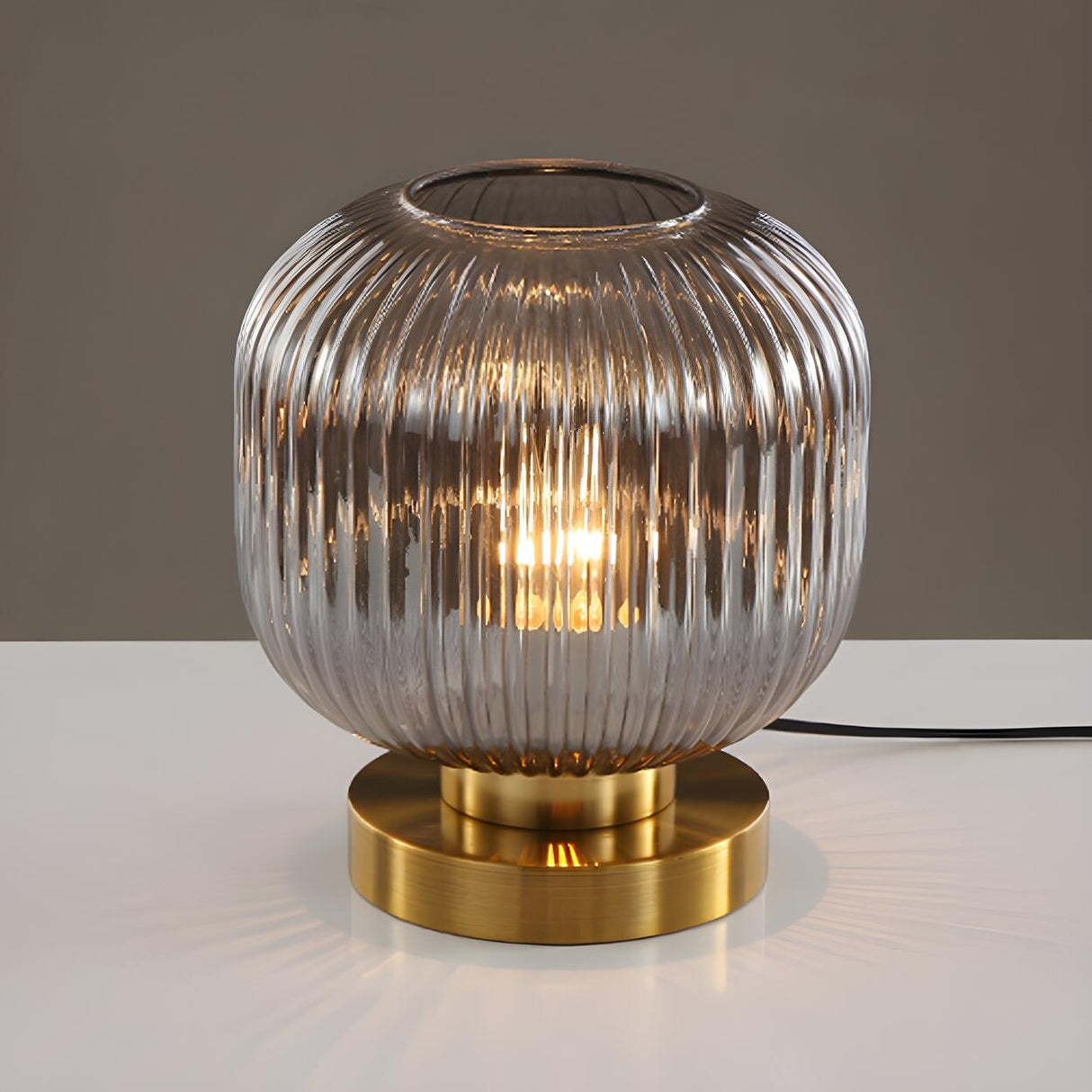 Simple Geometric Glass Brass Base Night Table Lamp Image - 9