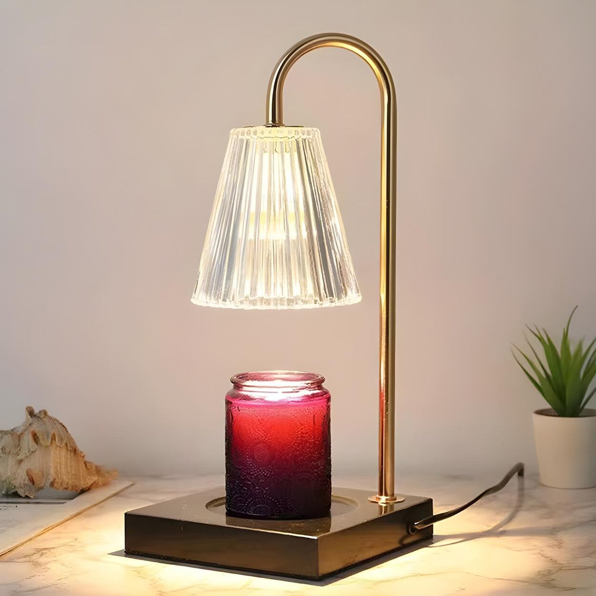 Simple Glass Barrel Shade Stone Base Candle Table Lamp Image - 6