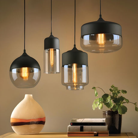 Simple Glass Black Pendant Lighting Adjustable Height Image - 1