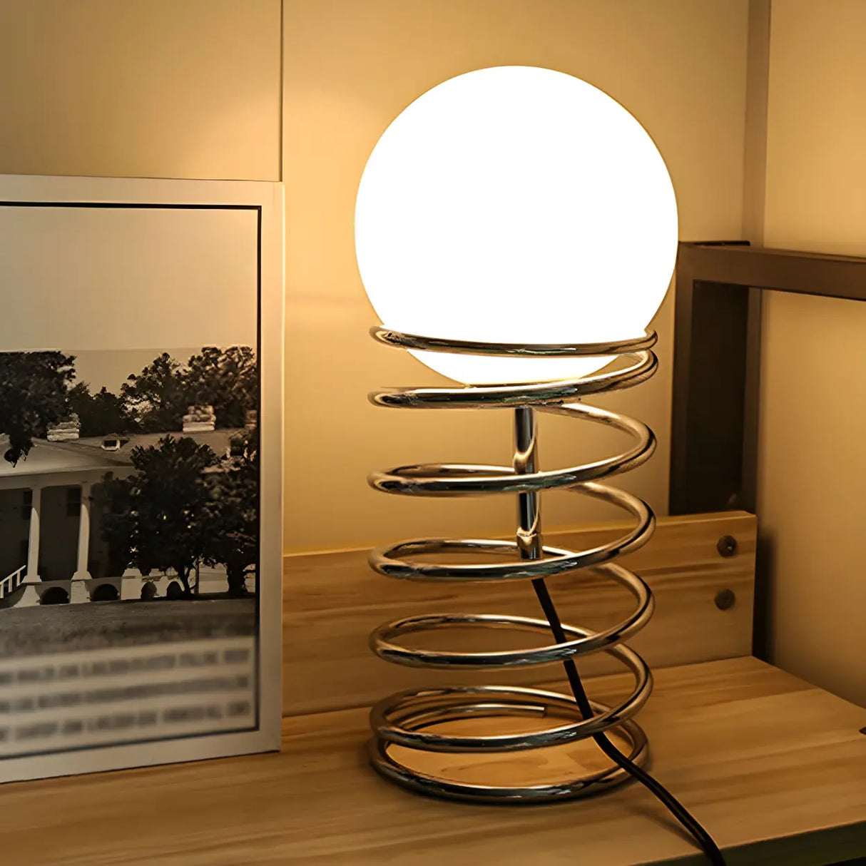 Simple Globe Shade Silver Spiral Metal Decor Table Lamp Image - 5