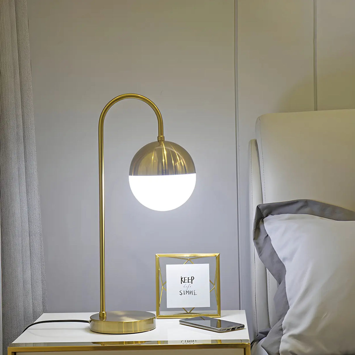 Simple Gold Gooseneck White Glass Shade Table Lamp Image - 12