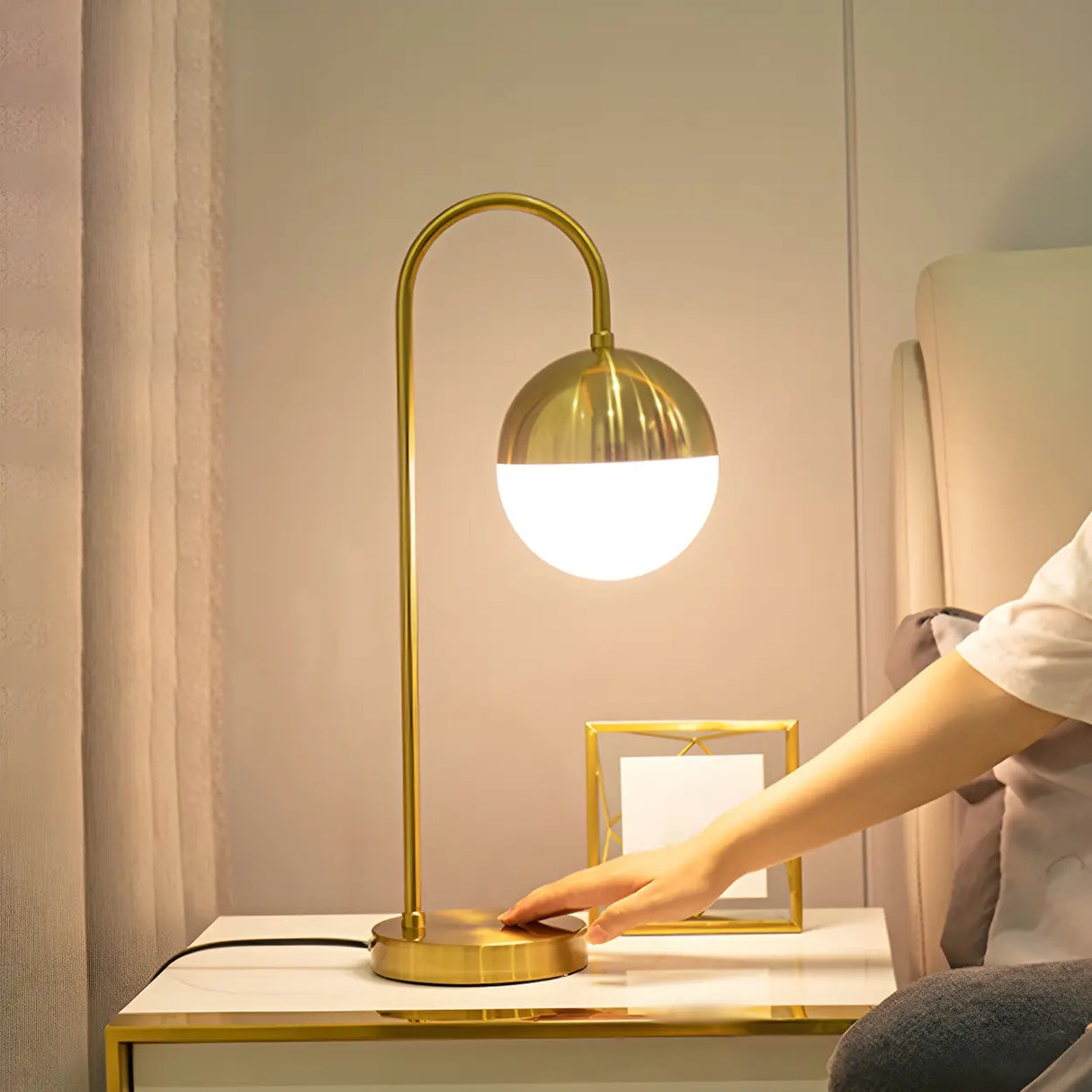 Simple Gold Gooseneck White Glass Shade Table Lamp Image - 3