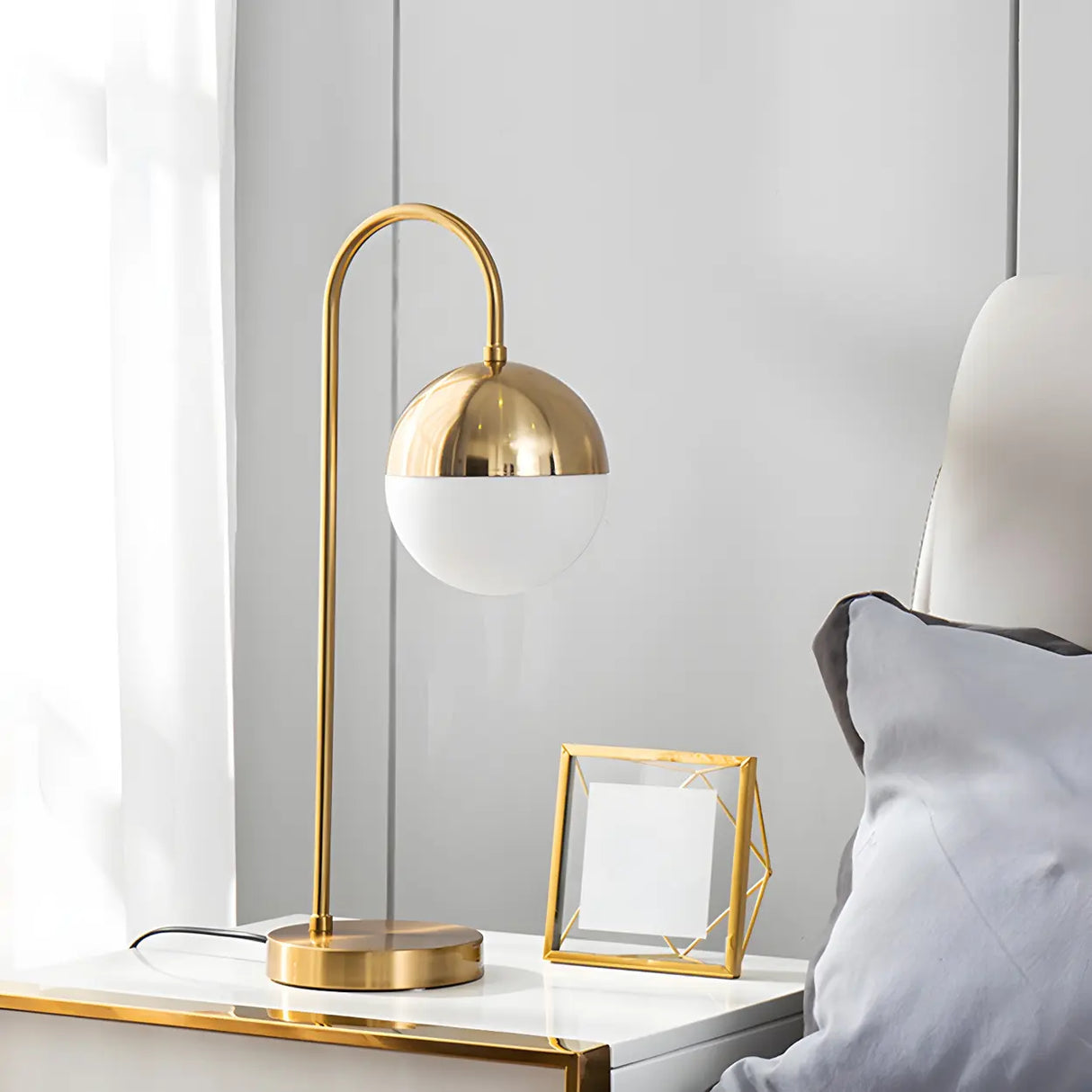 Simple Gold Gooseneck White Glass Shade Table Lamp Image - 5