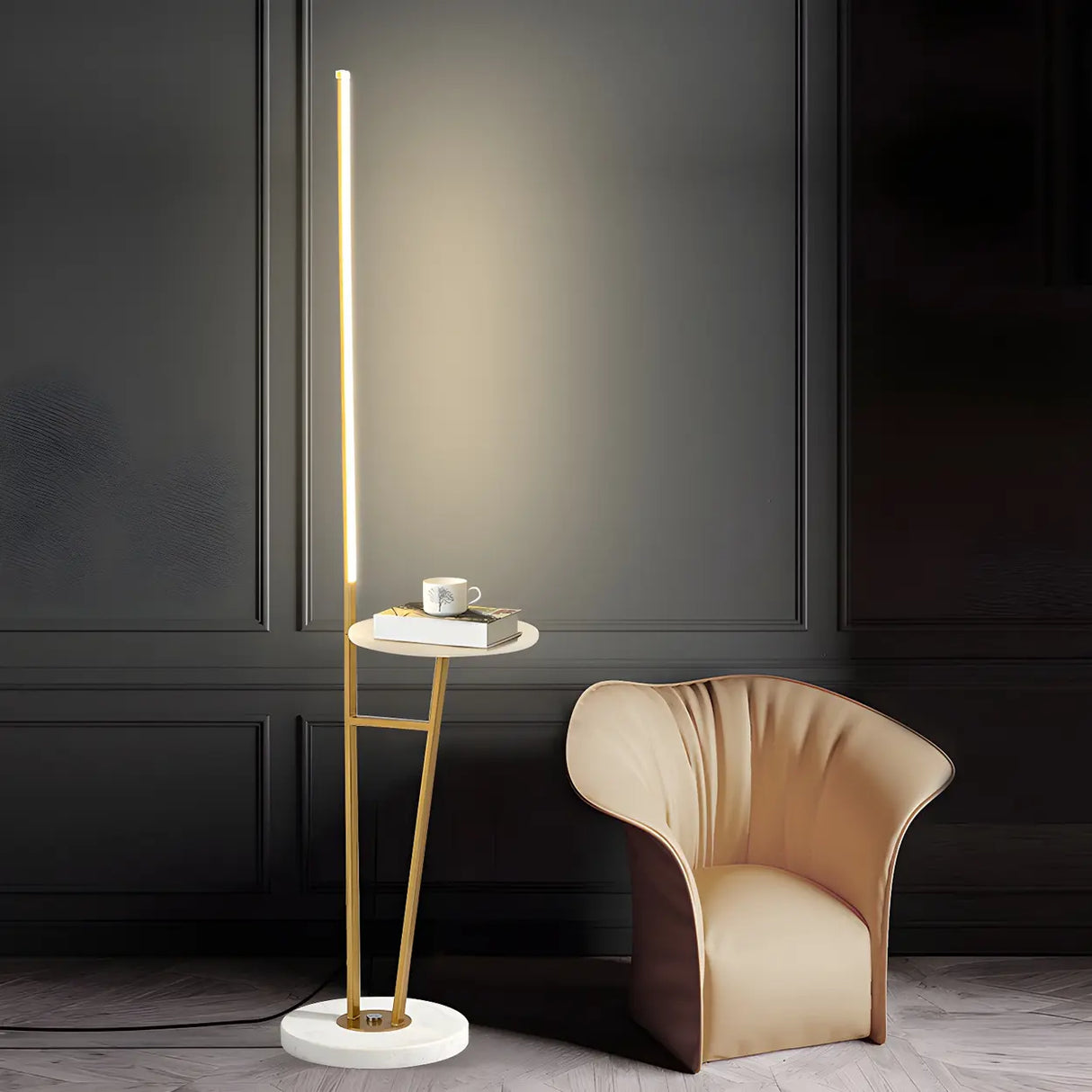 Simple Gold Linear and Side Table Metal Floor Lamp Image - 2