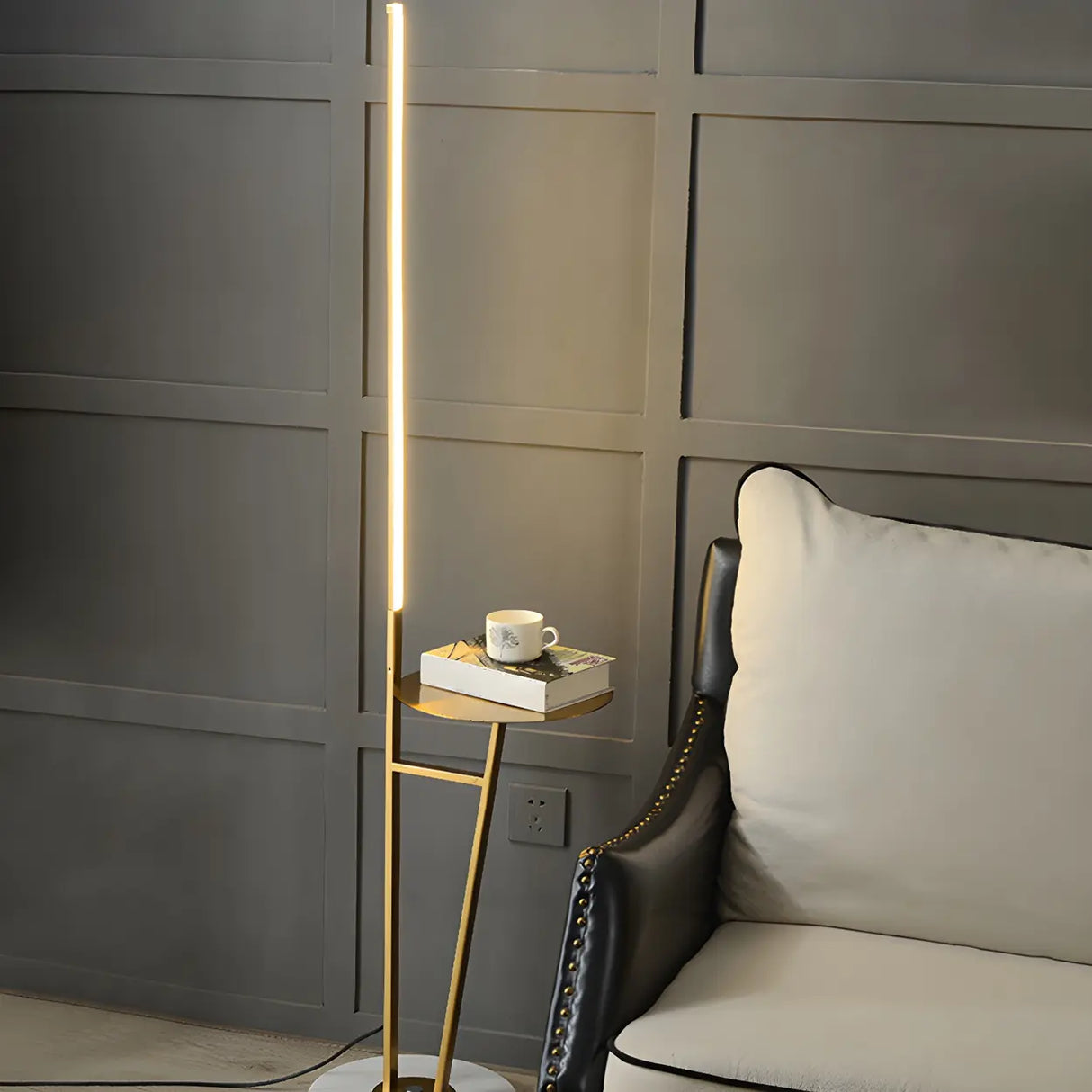 Simple Gold Linear and Side Table Metal Floor Lamp Image - 5