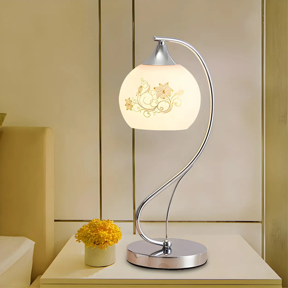 Simple Gooseneck Floral Glass Shade Metal Table Lamp Image - 1