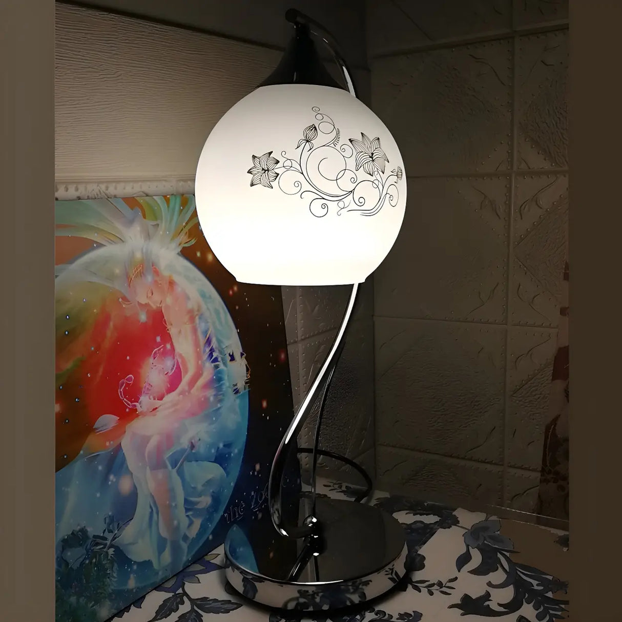 Simple Gooseneck Floral Glass Shade Metal Table Lamp Image - 10