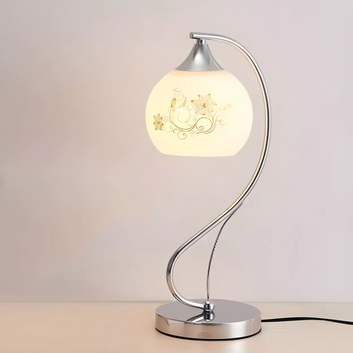 Simple Gooseneck Floral Glass Shade Metal Table Lamp Image - 4