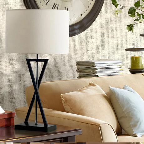 Simple Hourglass Base Fabric Drum Bedside Table Lamp Image - 1