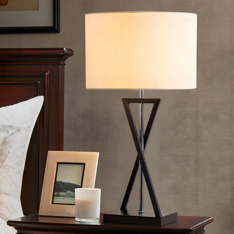 Simple Hourglass Base Fabric Drum Bedside Table Lamp Image - 2