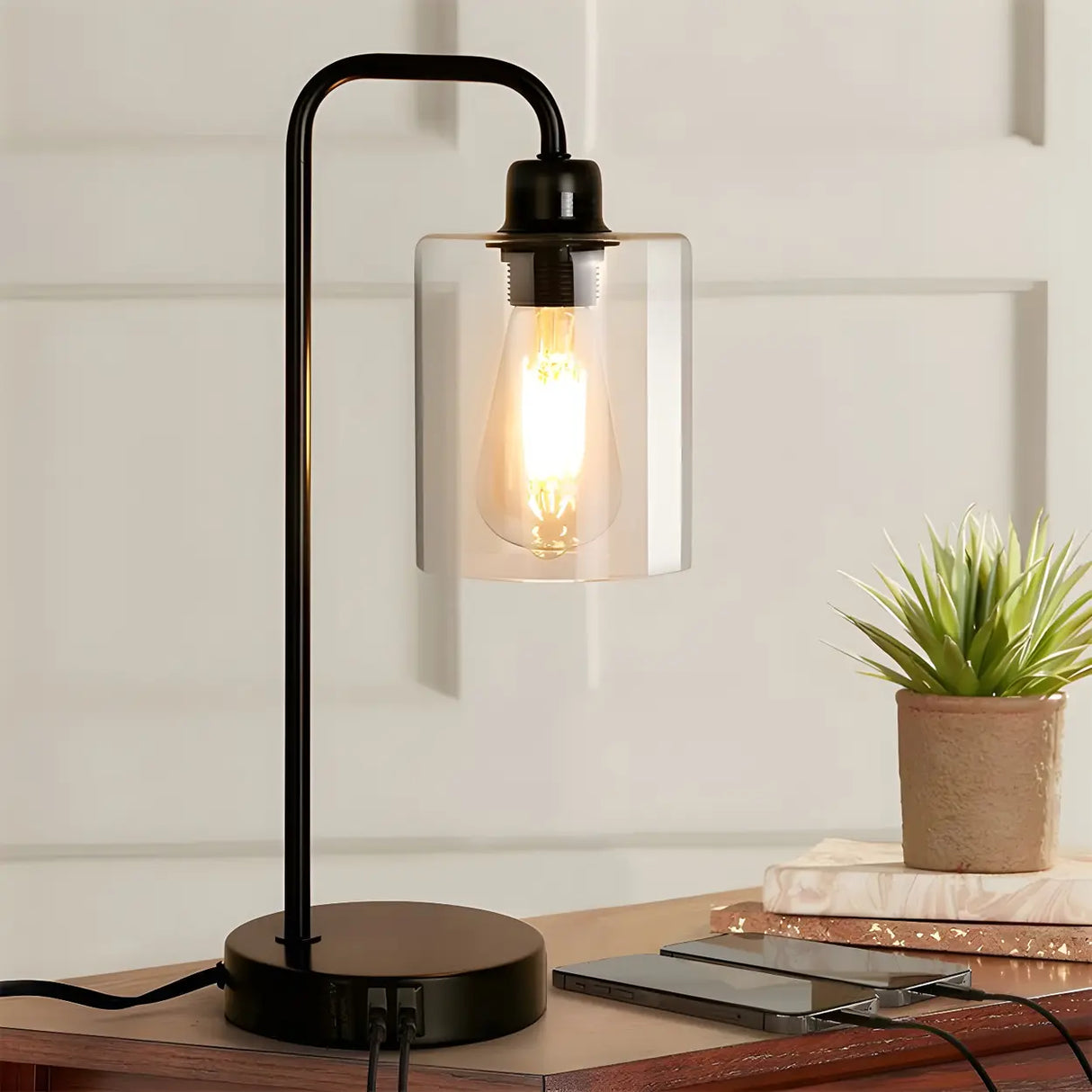 Simple Industrial Clear Glass Column Shade Table Lamp Image - 1