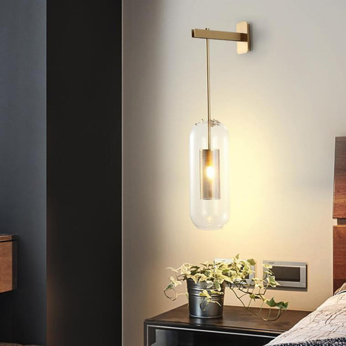 Simple Inner Mesh Cylinder Glass Bedside Wall Light Image - 16