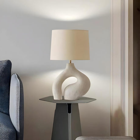 Simple Ivory White Resin Base Fabric Shade Table Lamp Image - 2