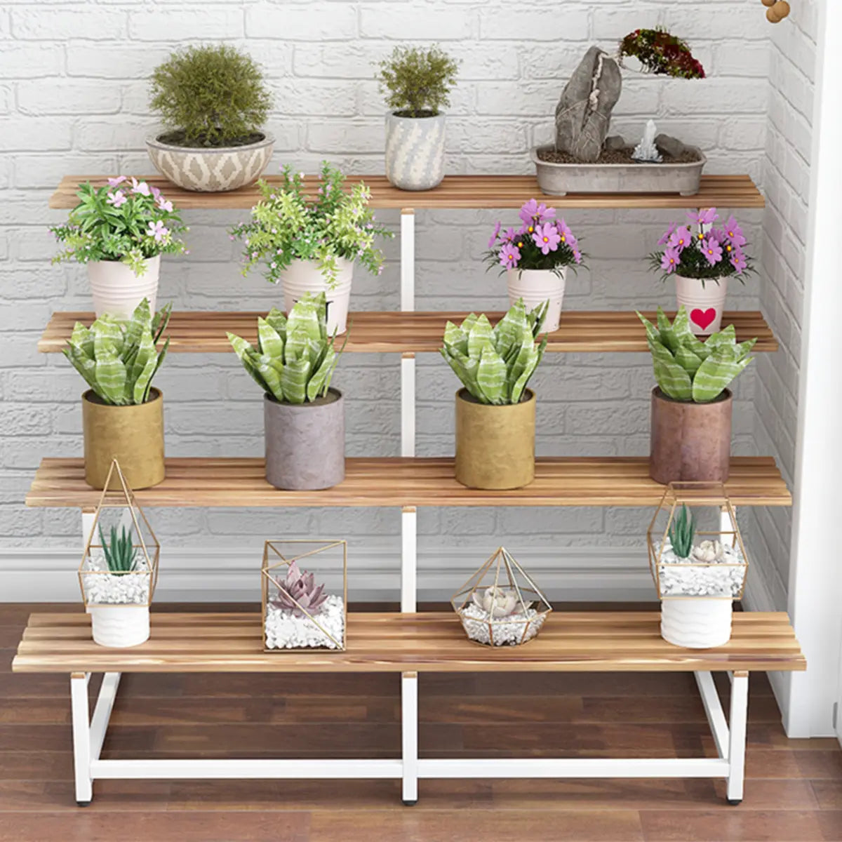 Simple Ladder Pine Wood Floor Crate Plant Stand Black Image - 11