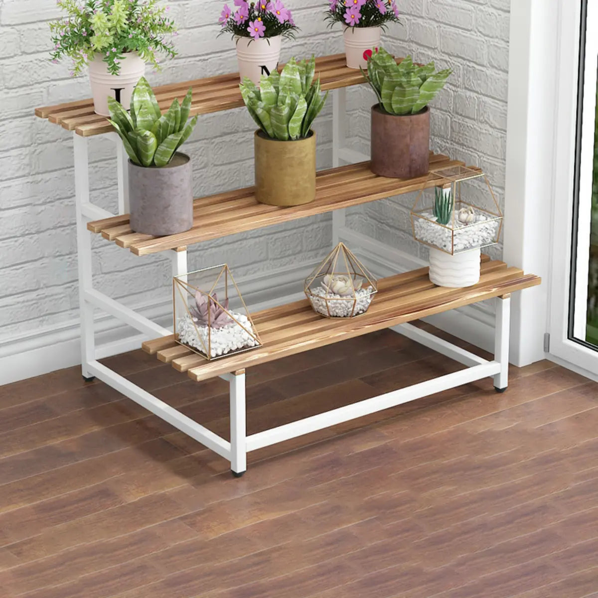 Simple Ladder Pine Wood Floor Crate Plant Stand Black Image - 15