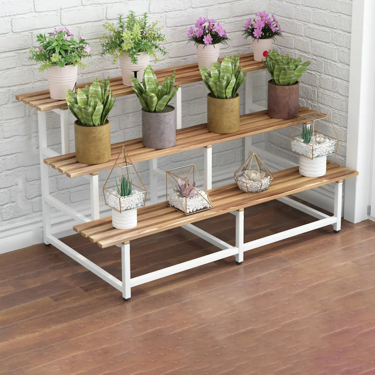 Simple Ladder Pine Wood Floor Crate Plant Stand Black Image - 16