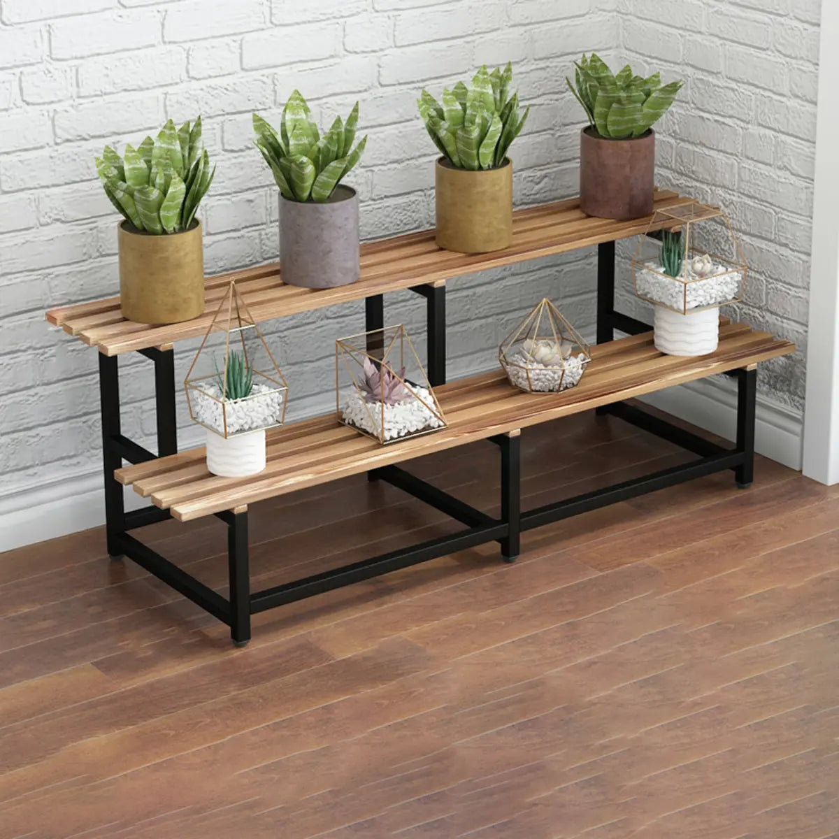 Simple Ladder Pine Wood Floor Crate Plant Stand Black Image - 4