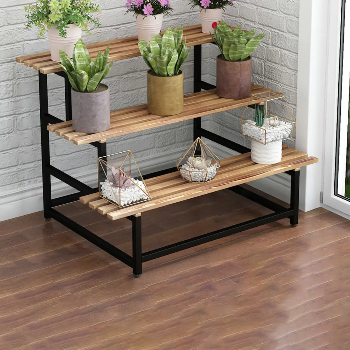 Simple Ladder Pine Wood Floor Crate Plant Stand Black Image - 5