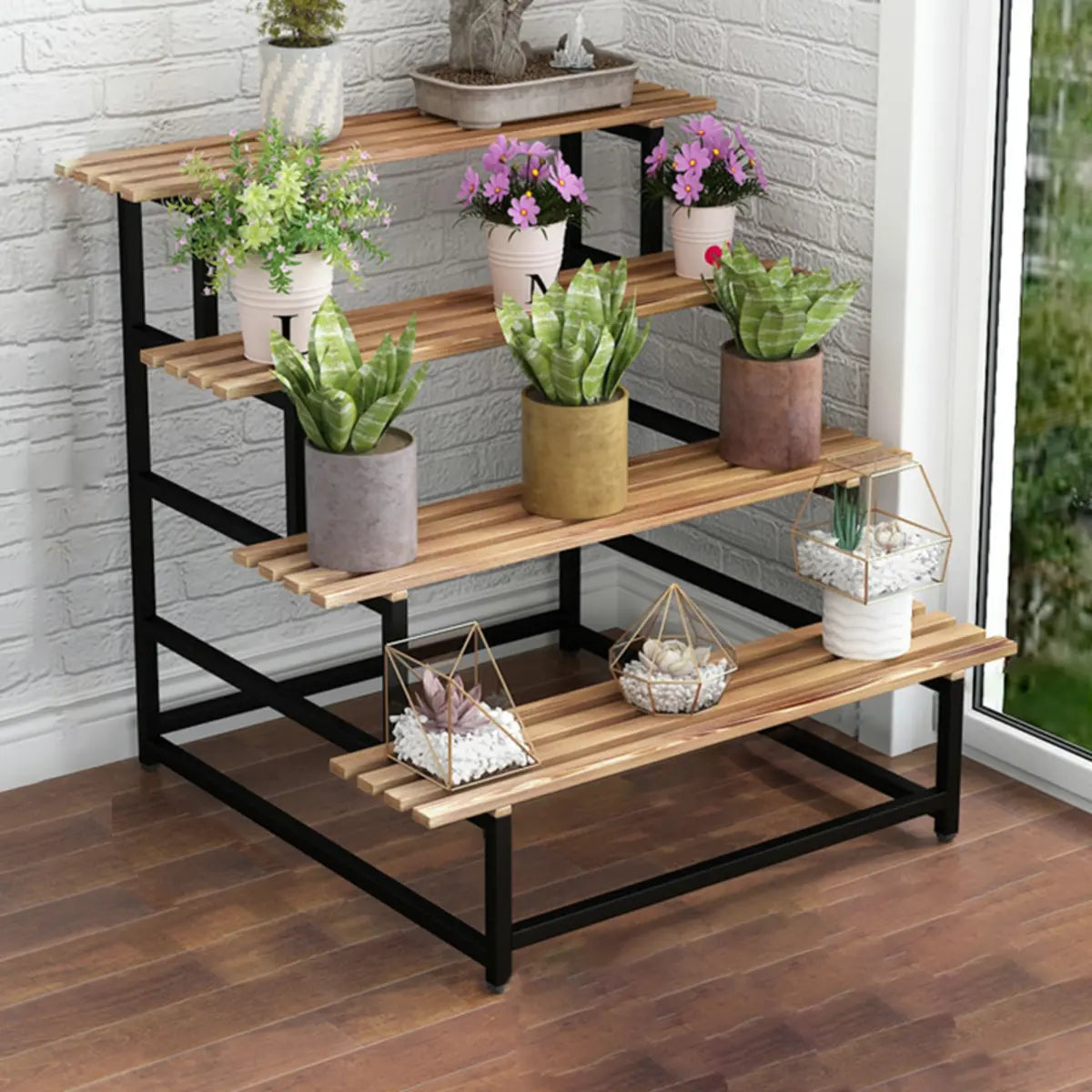 Simple Ladder Pine Wood Floor Crate Plant Stand Black Image - 9