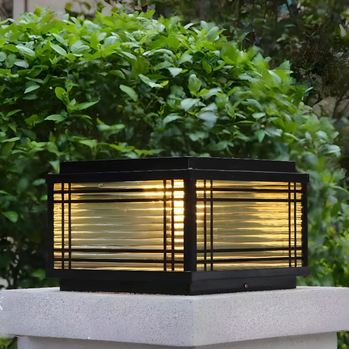 Simple Line Decor Square Glass Outdoor Post Lamp Black Image - 7