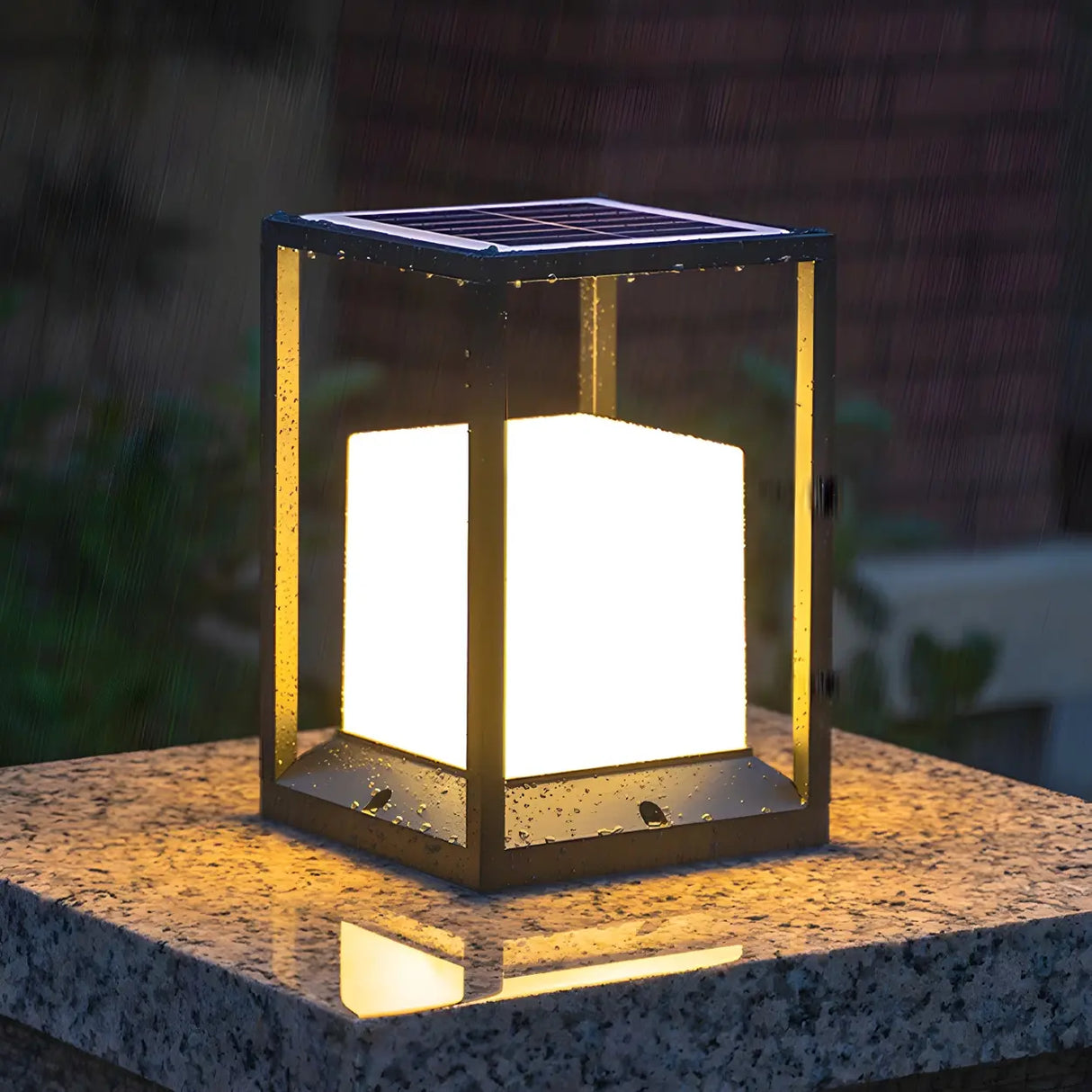 Simple Metal Black Frame Solar Outdoor White Cube Lamp Image - 1