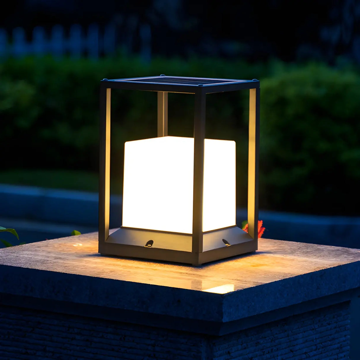 Simple Metal Black Frame Solar Outdoor White Cube Lamp Image - 13