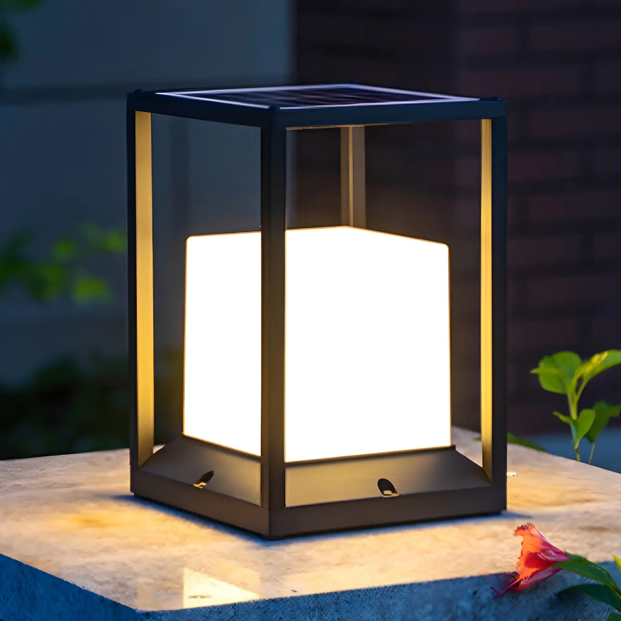 Simple Metal Black Frame Solar Outdoor White Cube Lamp Image - 2